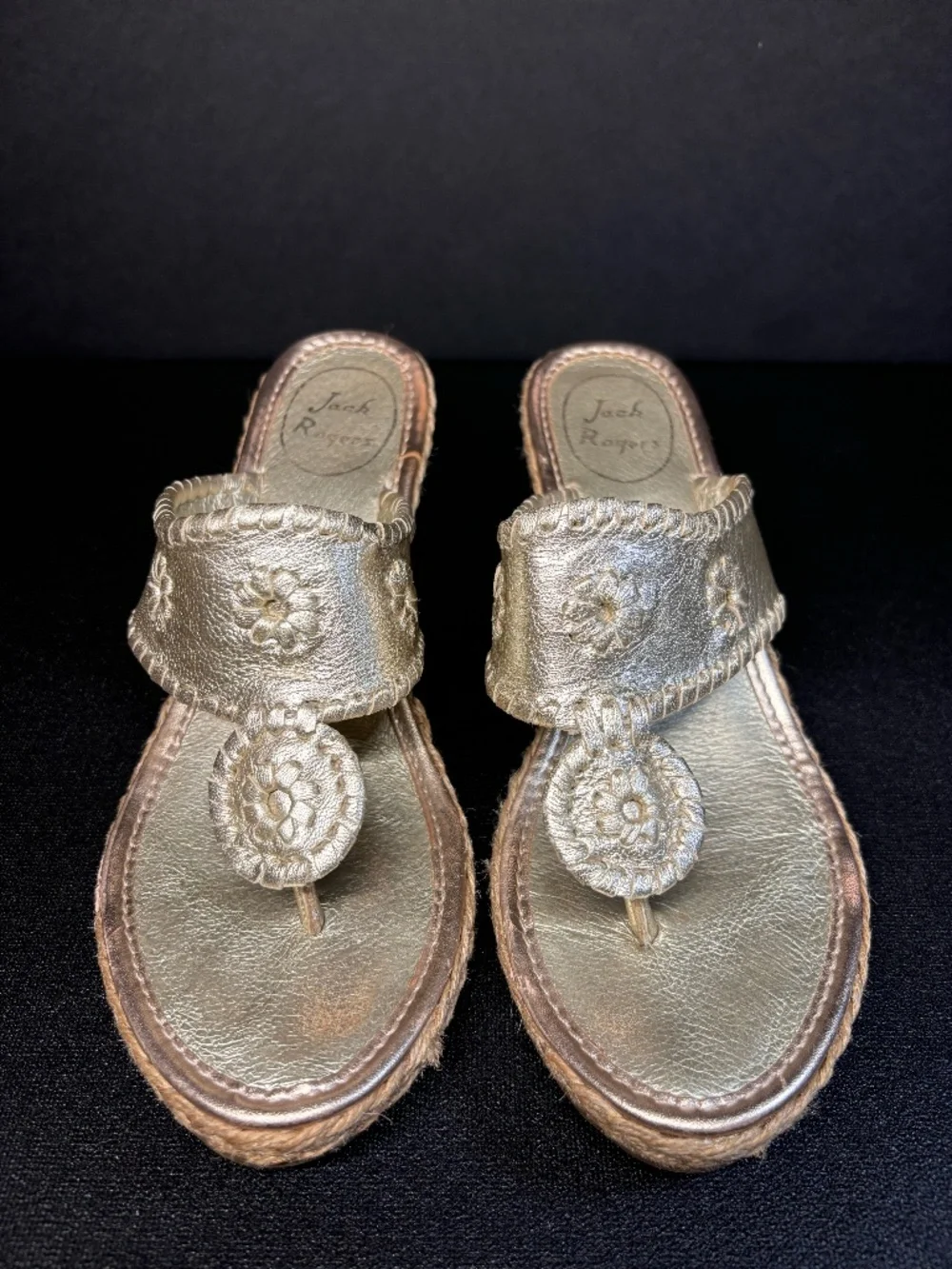 Jack Rogers Champagne Leather Espadrille Wedge Sandals Size 7 Thong Slide Heels